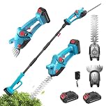 Cordless Hedge Trimmer Long Reach 21V, 4 in1 Electric Pole hedge Trimmer & Grass Shear, Telescopic Hedge Trimmer Grass Cutter, Rotatable & Non-Slip Handle with 2 Batteries & Charger for Shrub Lawn
