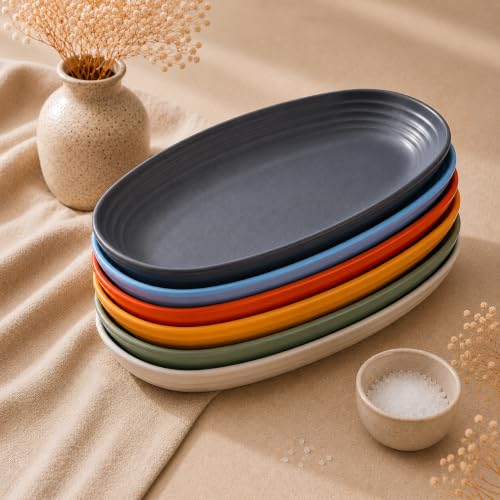 Image of PLENARO Wheat Straw Unbreakable Oval Plastic Plates, 11.6 inch / 7.2 inch, Lightweight for Kitchen, Party, Camping, Picnic, BBQ, Dishwasher & Microwave Safe (Mix, Pack of 6)