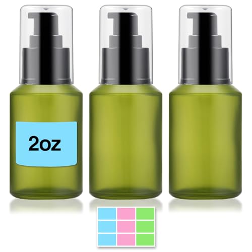 DPLASKA 3PCS 60ML/2OZ Empty Green Frosted Glass Bottles with Pump Small