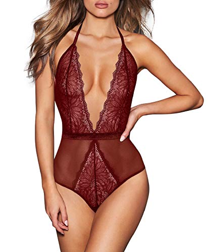 AnloveKiss Women Sexy Lingerie-Deep V Neck Backless Halter Teddy Bodysuit Perspective Lace Babydoll Underwear (S, Wine Red)