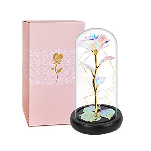 Rose Fleurs Artificielles Eternelle sous Cloche La Belle et la Bête Rose Dôme en Verre Rose Enchantée avec Lumières LED pour Mariage d'anniversaire de la Saint-Valentin Noël Cadeau de Fête des Mères