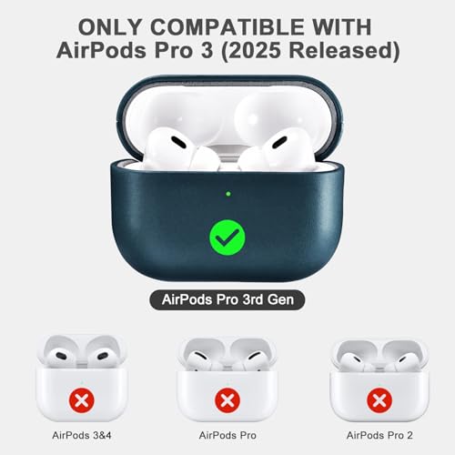 Leder Hülle für AirPods Pro 3 2025, ICARER Premium Echtleder Stoßfeste Schutzhülle Tasche für Apple AirPods Pro 3 Kopfhörer Case Cover Shell (LED sichtbar) Unterstützung Wireless Ladegerät-Blau