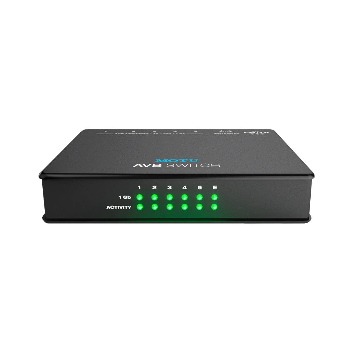 Switch Ethernet pour Réseaux AVB MOTU Switch AVB, 5 Ports Gigabit, Latence Ultra-Faible, Conception Rackable. Permet de relier p