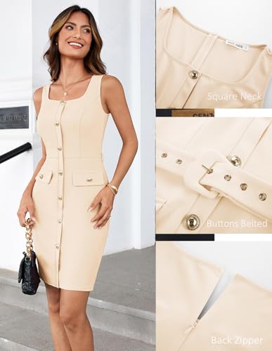 Image of GRACE KARIN 2025 Women's Buttons Belted Square Neck Business Work Dress Sleeveless Bodycon Midi Dress