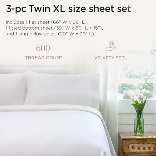 Image of Threadmill 100% Cotton Sheets for Twin XL Size Bed - 600 Thread Count Twin XL Bed Sheets Set with 15 inch Deep Pocket - Sateen Weave 3-Piece Bedding Set with Cooling Effect, White