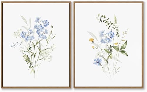 Tableau floral aquarelle fleurs bleues et jaunes 50x75 cm décoration murale de salon