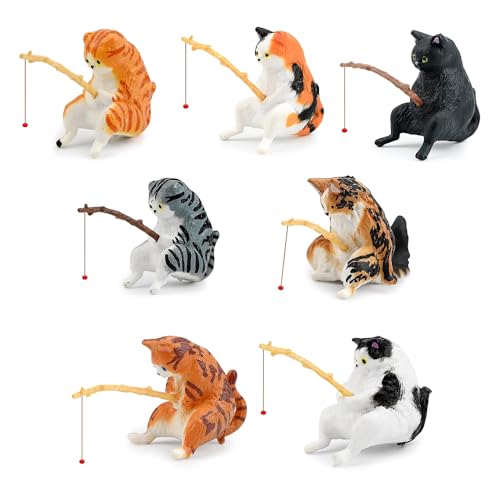 Hsthe Sea Set of 7 Japanese Fishing Cat with a Fishing Rod Miniature Figures - Aquarium Mini Pond Decoration for Garden, Balcony, Ponds and Desk