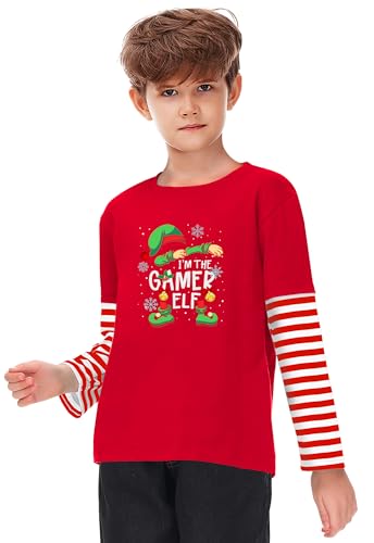Image of Remimi Unisex Kids Christmas Long Sleeve Shirt Xmas Print Stripe Shirts 2-12 Years