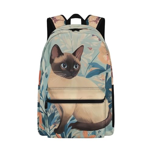 Large Capacity Elementary School Bags for Girls Cute Siamese Cat Backpacks Ages 6-12 17 Inch Lightweight Comfy Padded Back Book Bags with Front Pocket Blue