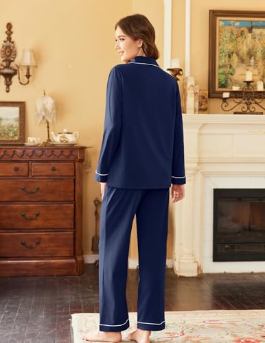 Ekouaer Womens Pajamas Set Cotton Long Sleeve Button Down Sleepwear Top and Long Pants Set Soft 2 Piece Pjs Lounge Set S-XXL2