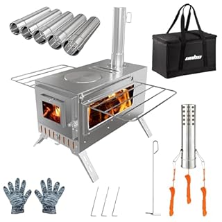 UNHO Camping Tent Stove: Portable Wood Burning Stove Stainless Steel Outdoor Cooking Heater Log Burner with 7 Chimney Pipes for Tent Shelter Garden Silver