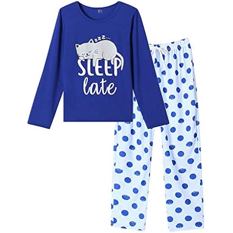 MyFav Womens Pyjamas Cute Round Neck Nightwear for Ladies Top & Bottoms 2 Pcs Comfy Pjs Set(Blue Cat,XL) Cover