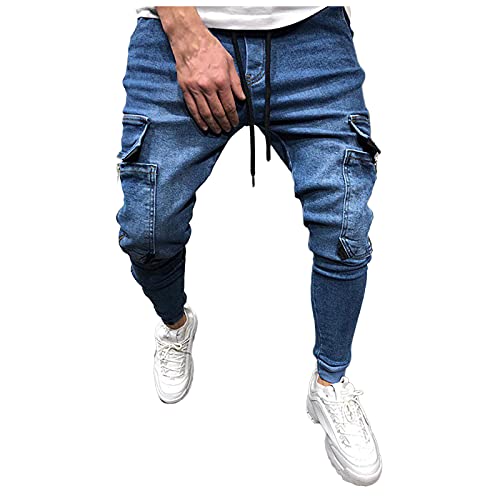 Men's Cargo Jeans,Zipper Jeans for Men Moto Biker Jeans Slim Fit Denim Pants Elastic Waist Drawstring Jeans