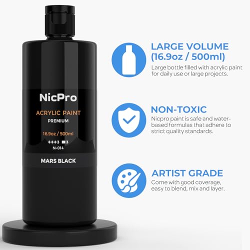 Image of Nicpro Black Large Acrylic Paint (16.9oz, 500ml), Rich Pigments, Non Toxic | Craft Paint for Multi Surface, Canvas, Wood, Leather, Ceramic, Fabric, Stone - Art Painting Supplies for Kids & Adults