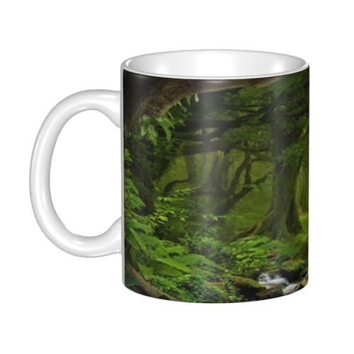 マグカップ - セラミックコーヒーカップ、ミルクカップ、(330ml) - 耐熱性、耐寒性、大容量、軽量、環境に優しい - ギフト選択(森林の緑の絵画日本のモダンな緑の木)