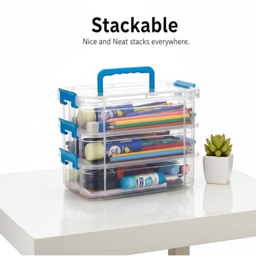 Image of Golden bird plastic boxes for Storage transparent, Space Saving Organiser with Lid Portable & Stackable for Jewelry, Beads, Crochet, Sewing, Scrapbooking DIY Craft (3 tier, Blue)