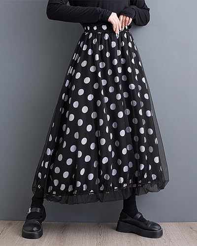 ellazhu Women's Skirt Wide Legs Elastic Waist Flowy Ruffle Hem Print Loose Oversize Fall GZ2474