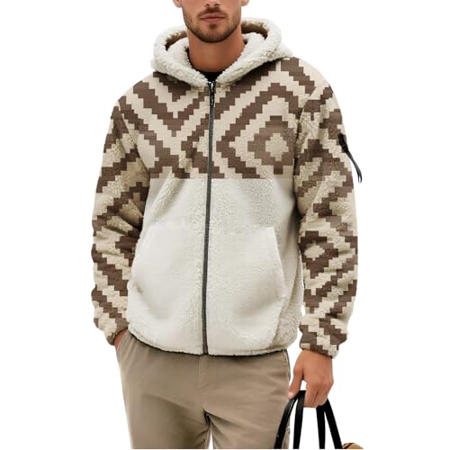 Mens Aztec Print Hoodie Tribal Style Flannel Sweatshirt Fall Fashion Hooded Jacket Casual Full Zip Tops With Pocket