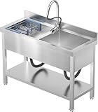 47Inch Stainless Steel Utility Sink 2-Compartment Commercial Sink with Pull-out Faucet, Free Standing Double Bowl Kitchen Sink for Restaurant, Garage, Shop, Cafe