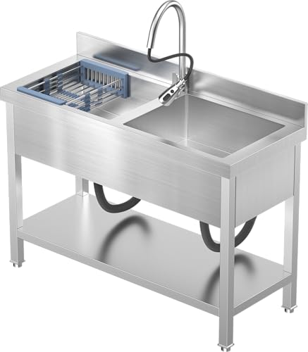 Image of 47Inch Stainless Steel Utility Sink 2-Compartment Commercial Sink with Pull-out Faucet, Free Standing Double Bowl Kitchen Sink for Restaurant, Garage, Shop, Cafe