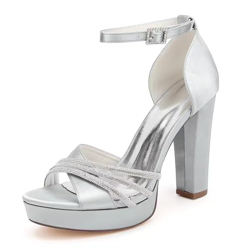 Mujer Tacón Alto De Bloque Zapatos De Vestir con Hebilla Peep Toe Satén Sandalias De Novia con Diamantes Correa De Tobillo Plataforma Zapatos De Fiesta De Boda,Plata,36 EU Mujer Tacón Alto De Bloque Zapatos De Vestir con Hebilla Peep Toe Satén Sandalias De Novia con Diamantes Correa De Tobillo Plataforma Zapatos De Fiesta De Boda,Plata,36 EU