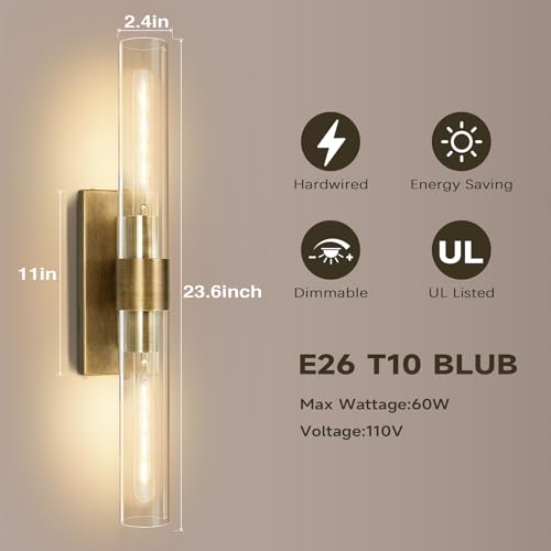 Image of Brass Bathroom Vanity Wall Sconces, 2-Light Glass Tube Wall Sconces, 22.8 inch Horizontal or Vertical Linear Wall Sconces, Gold Vanity Light, Indoor Wall Sconces, E26 Bulb Included