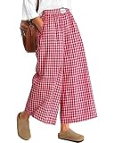 Neer Pantalones Cuadros para Mujer Culotte Vichy de Caída Oversize Cintura Elástica Pantalones Palazzo con Bolsillos(XXL,Cuadros Rojo y Blanco)