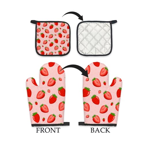 Fiicy 229 Pink Red Strawberry Oven Mitts And Pot Holders Sets, Pink Strawberry Kitchen Accessories Sets Decor, Red Fruit Strawberry Heat Resistant Oven Glove Potholders thumb #5
