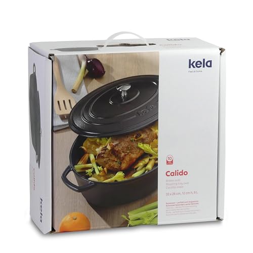 Foto von kela Bräter Gusseisen oval 6 Liter, Dutch Oven CALIDO, Induktion Gussbräter mit Deckel, Gusseisen Topf Brot backen, emailliert, schwarz
