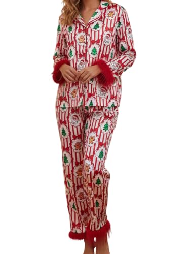 Image of Women Silk Pajamas Set Satin Long Sleeve Feather Trim 2PCS Loungwear | Christmas Button Down Shirts Long Pants 2PCS Xmas Christmas Sleepwear