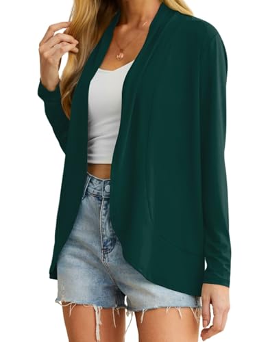 QIXING Leichte Strickjacken für Damen Sommer Elegant Dünne Kurze Strickjacke Lange Ärmel Open Front Cardigan Damen Frühling Herbst (Dunkelgrün, XL)