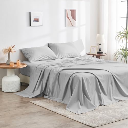 DOZ 100% GOTS Certified Organic Cotton Sheet Set, Crisp Percale Weave, Long Staple, Breathable, Matte Finish, Hotel Style, Durable, 3pc – 2 Pillowcases 1 Fitted (Dove, Queen)