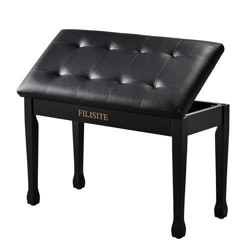 FILISITE Duet Piano Bench with Storage, Wooden Piano Stool with Waterproof Padded Cushion, Bench Seat for Vanity, Living Room, Bedroom (Black)