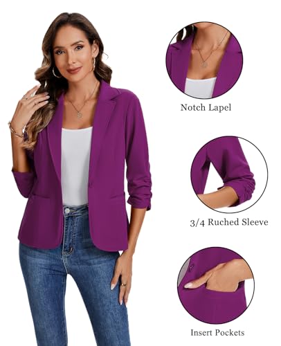 MINTLIMIT Women's Ruched 3/4 Sleeve Blazer Casual Notch Lapel Work Blazers Single Button Jackets Pockets3