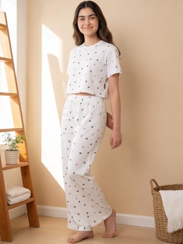 Image of Li'l Tomatoes Girls Cotton Night Suit Set | 100% Cotton Summer Co-Ord Set | Half Sleeve T-Shirt & Full Length Pajama | Soft & Breathable Printed Clothing Set | 9-16 Years