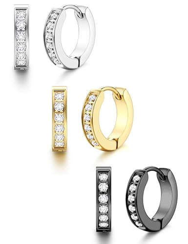 FIBO STEEL 13MM Stainless Steel Small Hoop Earrings for Men Women Huggie Earrings CZ Inlaid Colorful