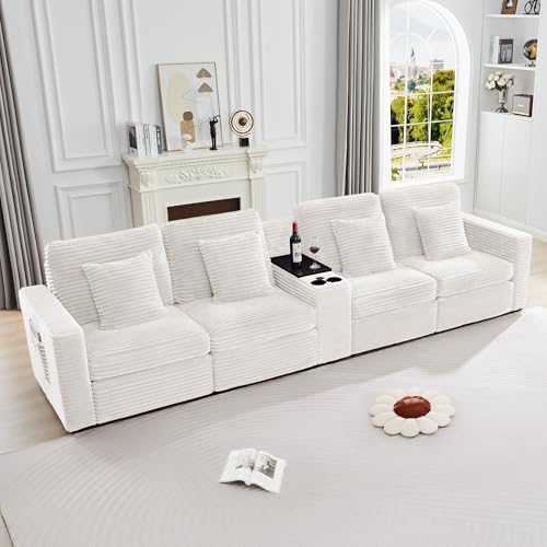 Image of RARZOE Modular Sofa Console Module with Storage, Corduroy Storage Console with USB Port&Cup Holder for Living Room Modular Sectional Sofa Couch, White