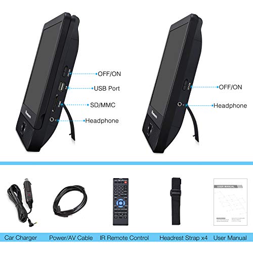 NAVISKAUTO 12 inch Portable DVD/CD Player Dual Screen, Headrest Video Player with Rechargeable Battery, Last Memory and USB/SD Card Reader