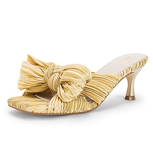 Image of Coutgo Womens Bow Heeled Sandals Pleated Bowknot Heels Open Square Toe Cute Kitten Heel Mules Slip On Wedding Dress Shoes