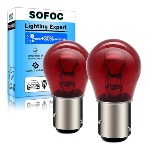 SOFOC PR21/5W Luz auto freno roja 12V 21/5W BAW15D 150°Pasadores desplazados Doble contacto S25 Plug and Play 2Pzas