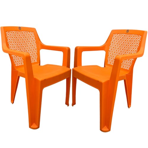 Image of SkyGlamour Cello Sonet Matt Finish Plastic Armchair | Mid Size Plastic Chair for Living Room, Home, Garden Indoor and Outdoor use |Bearing Capacity up to 120 Kg (Colour: Orange; Set of 2)