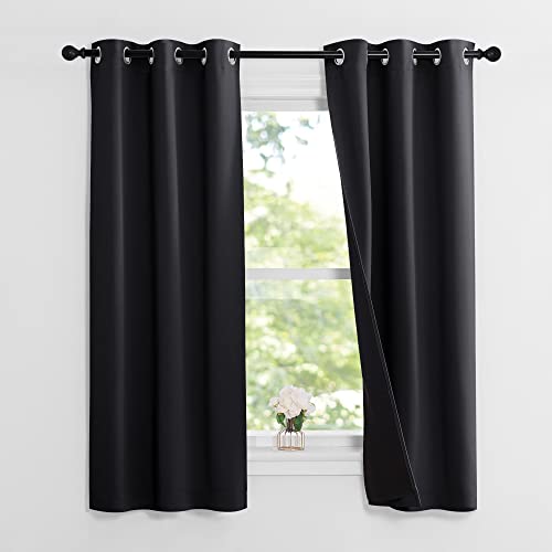 Image of NICETOWN Complete 100% Blackout Curtain Set, Black, 37 inch W by 60 inch L, Double Panels, Thermal Insulated & Energy Efficiency Window Draperies with Black Liner, Noise Reducing Short Curtains for Kids Room
