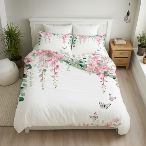 Housse de couette 220x240 fleurs zip anti-glissement parure lit vert douce