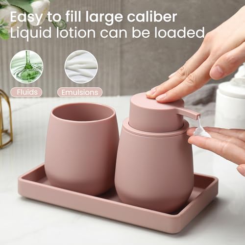 DAHACIS Pink Bathroom Accessories Set, Modern 3 Pcs Bathroom Essentials - Soap Dispenser, Toothbrush Holder & Tray, Countertop Vanity Organizer (Pink) by DAHACIS - Image 4