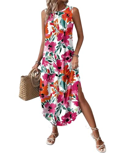 Image of Zeagoo Women Floral Summer Casual Beach Printed Tank Dress with Pockets Pleated Front Long Dress