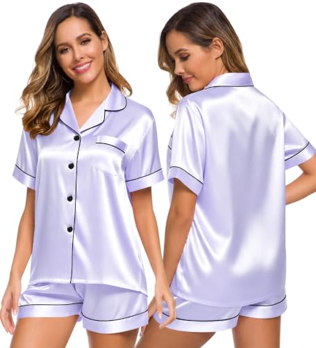 Image of SWOMOG Womens Silk Satin Pajamas Set Short Sleeve Sleepwear Button Down Top and Shorts Loungewear 2 Piece Pjs Set XS-3XL