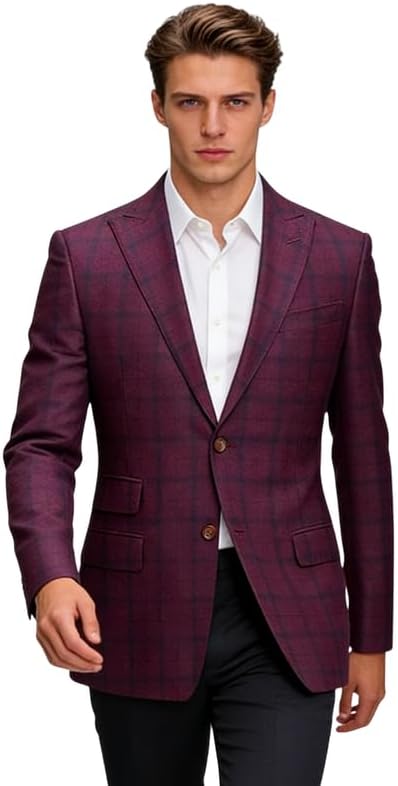 Men's Casual Plaid Blazer with Peak Lapel 2 Button Ticket Pocket for Weddings and Office Wear