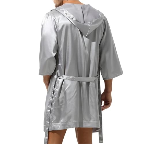 Mens Hooded Bath Robe Short Sleeve House Robe Satin Silk Lounge Bathrobes with Belt Men's Pajamas Homme Robes Sleepwear(Grey Robe,X-Large)3