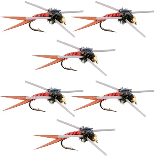 The Fly Fishing Place Tungsten Bead Head Rubber Legs Red Copper John Nymph Fly Fishing Flies - Set of 6 Flies Hook Size 14