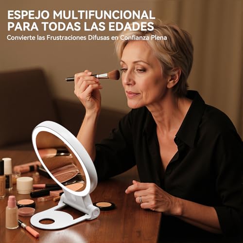 Miniatura 6 de Auxmir Espejo Maquillaje Con Luz, 30x 1x Aumento De Doble Cara, Espejo 72 Leds 3 Colores De Luz, 2000 Mah Con Usb Pinza, Colgar Pared Brillo Regulable Para Bolso Viajes, Blanco